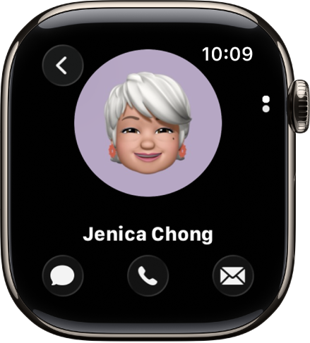 显示联系人的“通讯录” App。联系人的图片位于屏幕中间,下方是名字。再下方是“电话”、“信息”和“更多选项”按钮。左上方为“返回”按钮。