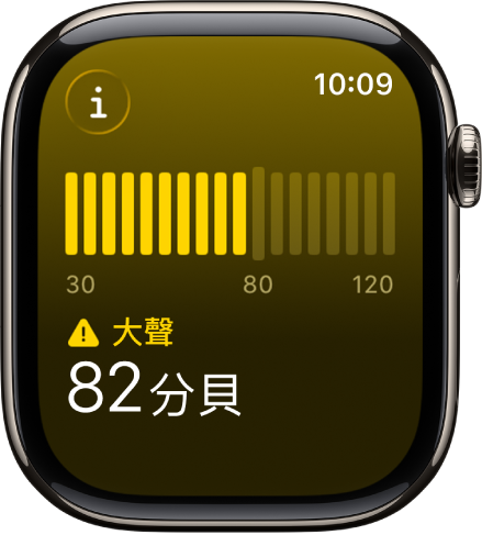 「噪音」App 顯示音量計以及 89 分貝音量，並在上方顯示「大聲」字樣。