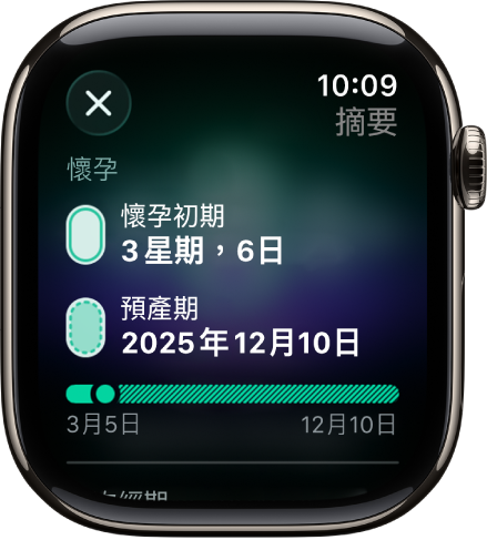 「經期追蹤」App 的畫面顯示懷孕摘要，且畫面中間顯示孕齡和預產期。
