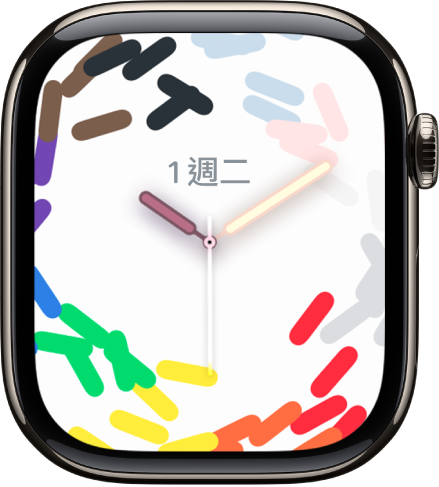 「Pride 慶祝」錶面以七彩紙碎的形式顯示 Pride 顏色,並在中間顯示日期和時間。
