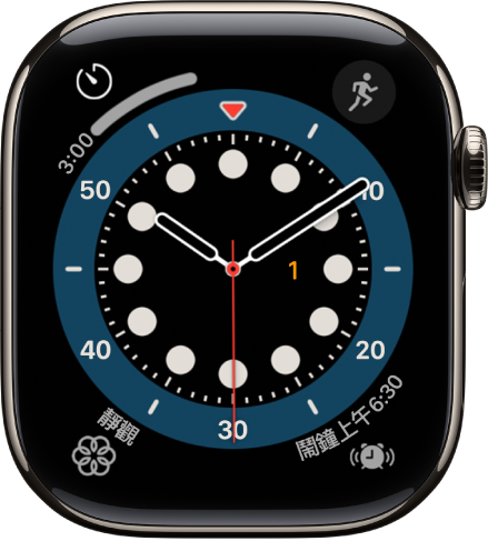 「正數計時」錶面。其中顯示四個複雜功能:在左上方顯示「體能訓練」,在右上方顯示「訊息」,在左下方顯示「靜觀」,並在右下方顯示「音樂」。