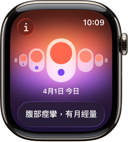 「經期追蹤」App 的畫面顯示已記錄的經期，且畫面底部顯示已記錄的症狀。