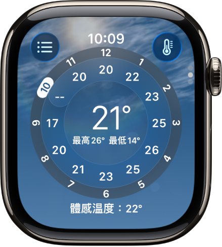 「天氣」App 顯示每小時氣溫預測。