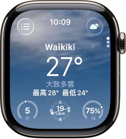 「天氣」App 顯示當日天氣的概覽。位置名稱顯示在現時溫度上方。底部有三個按鈕：「紫外線指數」、「風速」和「降水」。「位置列表」按鈕位於左上方，「天氣概況」按鈕位於右上方。