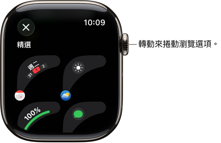 錶面的自訂畫面顯示精選複雜功能。轉動數碼錶冠以瀏覽複雜功能。