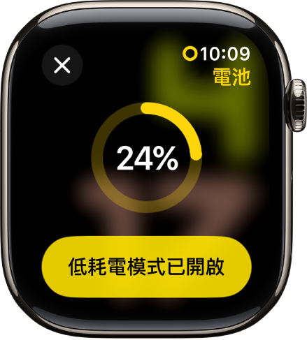 「低耗電模式」畫面中包括代表剩餘電量的一部份的黃色圓圈。「低耗電模式已開啟」按鈕位於底部。