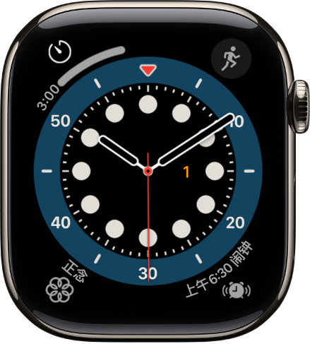 “正计时”表盘。它显示四个复杂功能:“体能训练”位于左上方,“信息”位于右上方,“正念”位于左下方,“音乐”位于右下方。