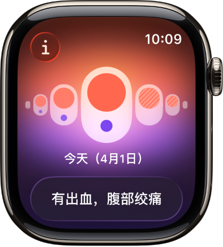“经期跟踪” App 中的屏幕显示记录的月经,屏幕底部是记录的症状。