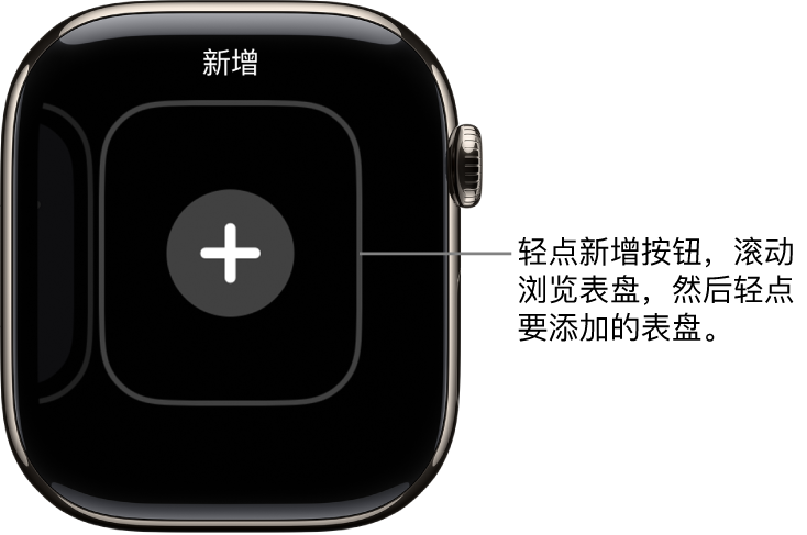 新表盘屏幕中间有一个加号按钮。轻点以添加新表盘。