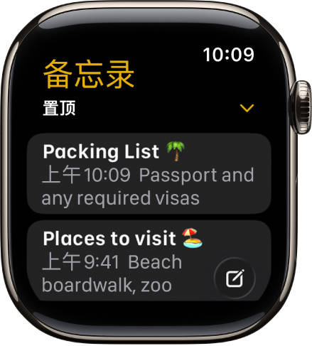 “备忘录”屏幕显示两个置顶备忘录。