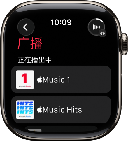 “广播”屏幕显示三个 Apple Music 电台。右上方为“播放中”按钮。“返回”按钮位于左上方。