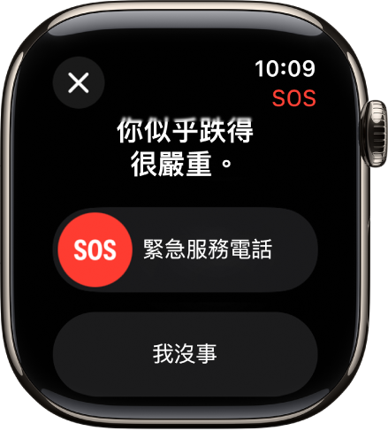 「跌倒偵測」畫面顯示 SOS 滑桿,可用來發起緊急通話,以及「我沒事」按鈕。