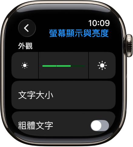 Apple Watch 上的「螢幕顯示與亮度」設定,最上方為「亮度」滑桿,下方為「文字大小」按鈕。
