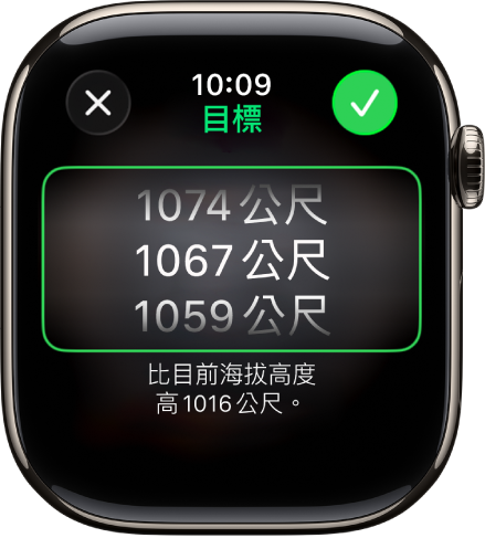 顯示「目標高度」畫面的「指南針」App。畫面中間會出現一個捲動的高度列表。列表下方指示所選高度高於或低於目前高度的距離。最上方是「關閉」和「檢查」按鈕。
