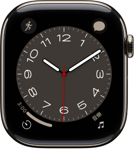 「大都會」錶面，你可以轉動數位錶冠來更改樣式外觀。顯示四個複雜功能：「體能訓練」位於左上角，「音樂」位於右上角，「計時器」位於左下角，日期位於右下角。