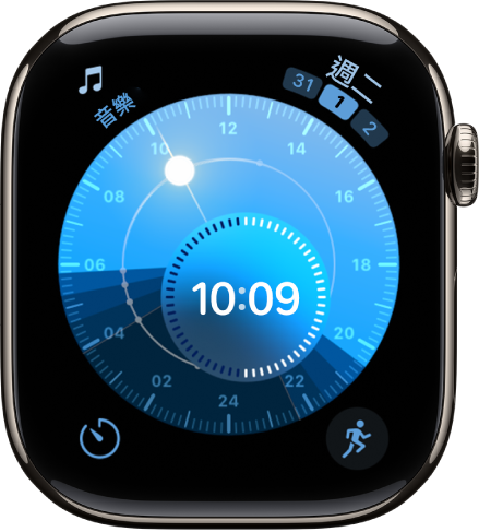 「太陽面盤」錶面，圓形刻度盤指出太陽位置。內圈刻度盤顯示指針時間。顯示四個複雜功能：「月亮」位於左上角，「行事曆」位於右上角，「體能訓練」位於左下角，「音樂辨識」位於右下角。