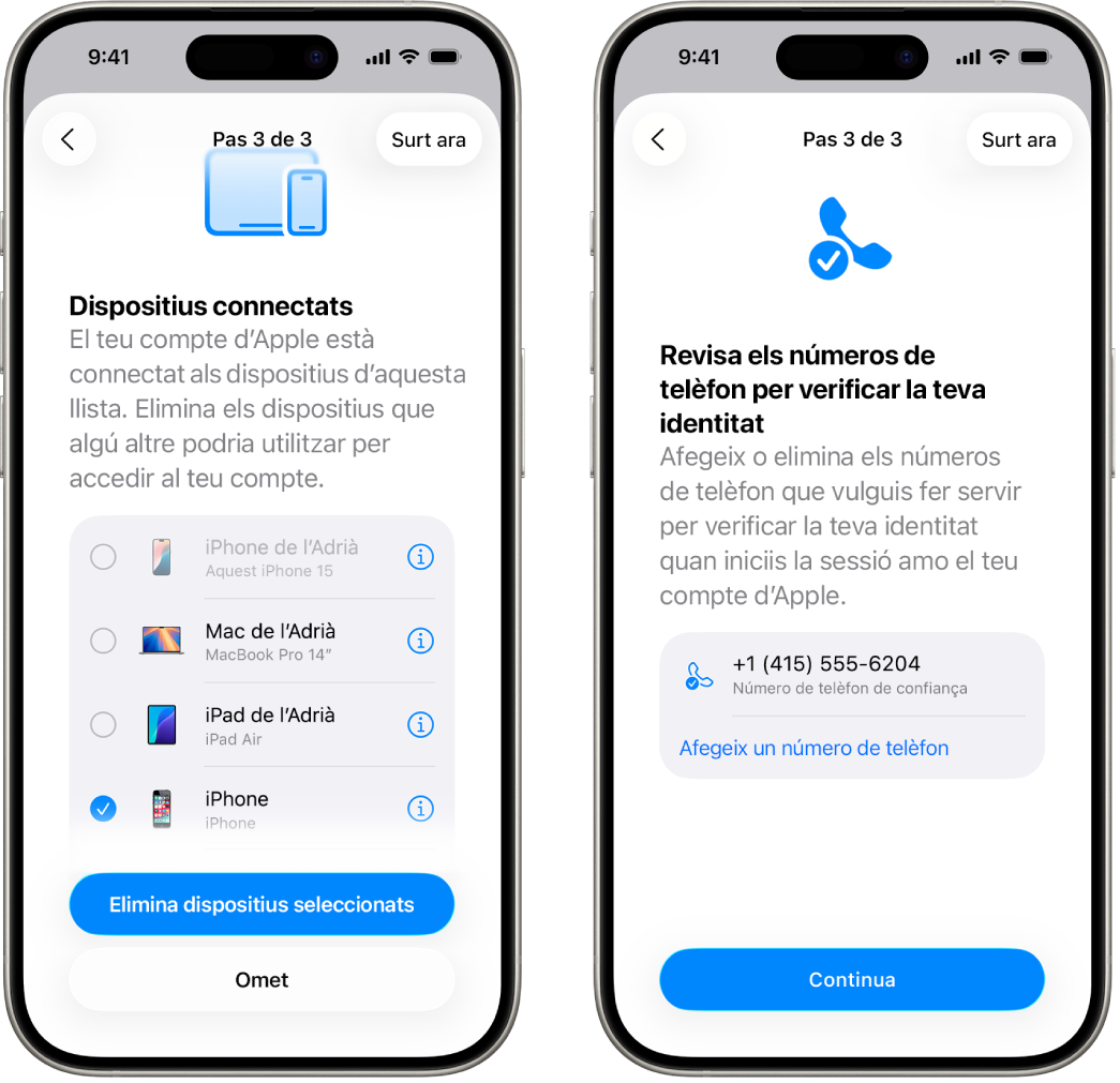 Dues pantalles d’iPhone en què es mostra (1) un dispositiu seleccionat que es vol eliminar dels dispositius de confiança i (2) una pantalla per editar els números de telèfon de confiança.