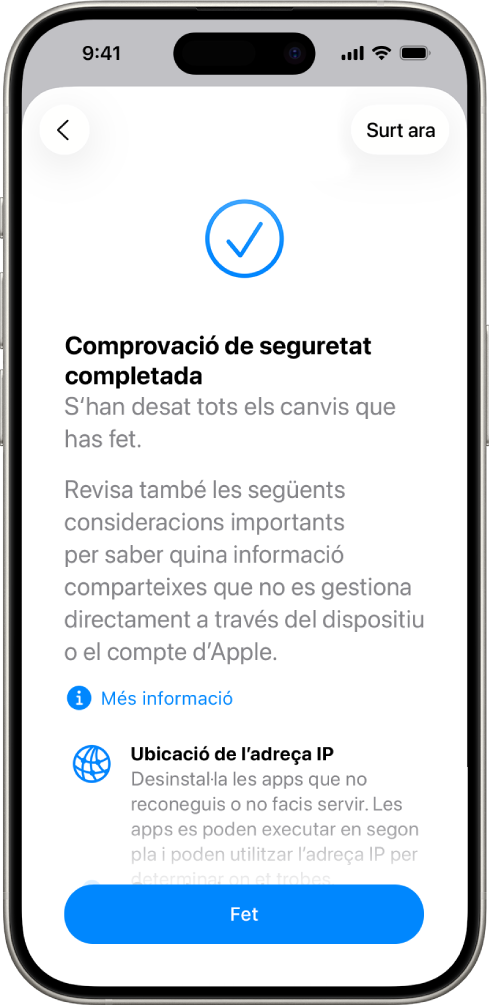 Pantalla en què es mostra que la comprovació de seguretat s’ha completat.