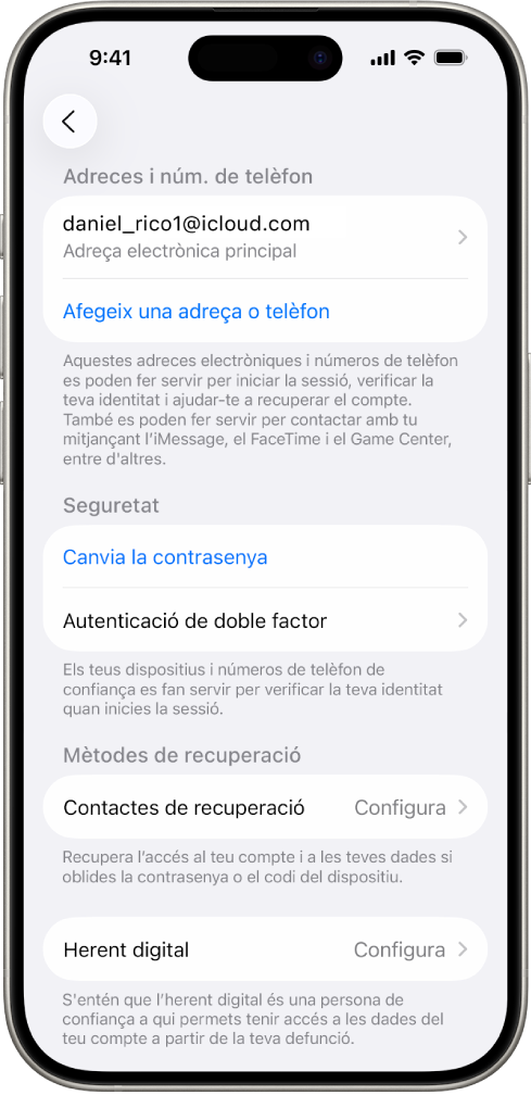 A la pantalla de l’iPhone, es veu que l’autenticació de doble factor està desactivada.