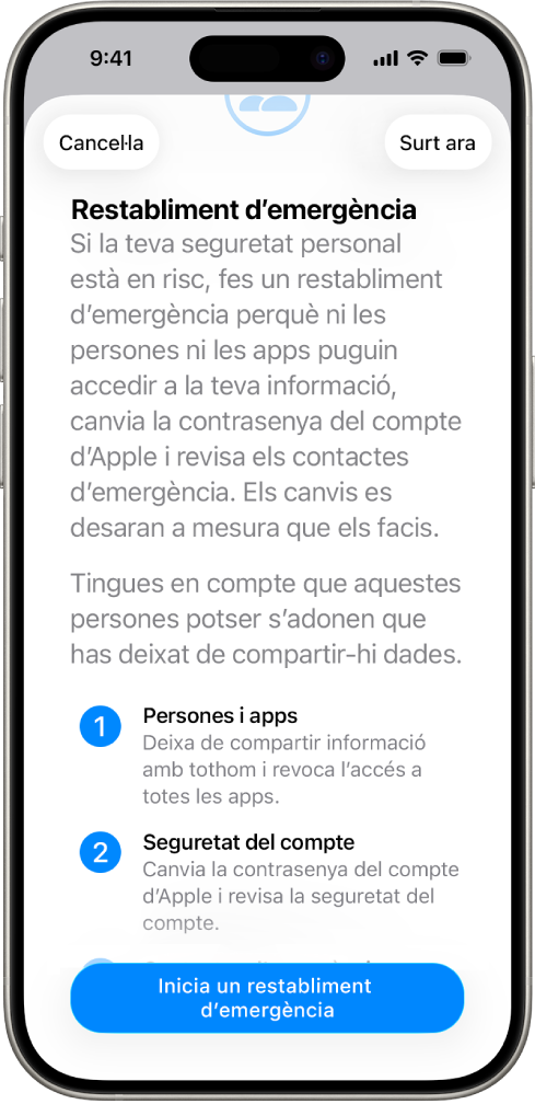 Pantalla en què es mostra el botó per iniciar el restabliment d’emergència.