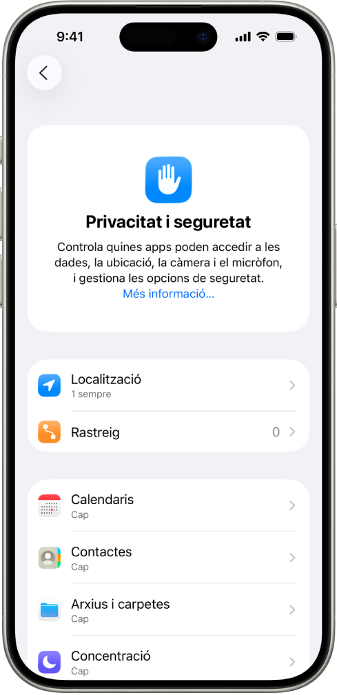 Un iPhone amb la pantalla de privacitat i seguretat de l’app Configuració.