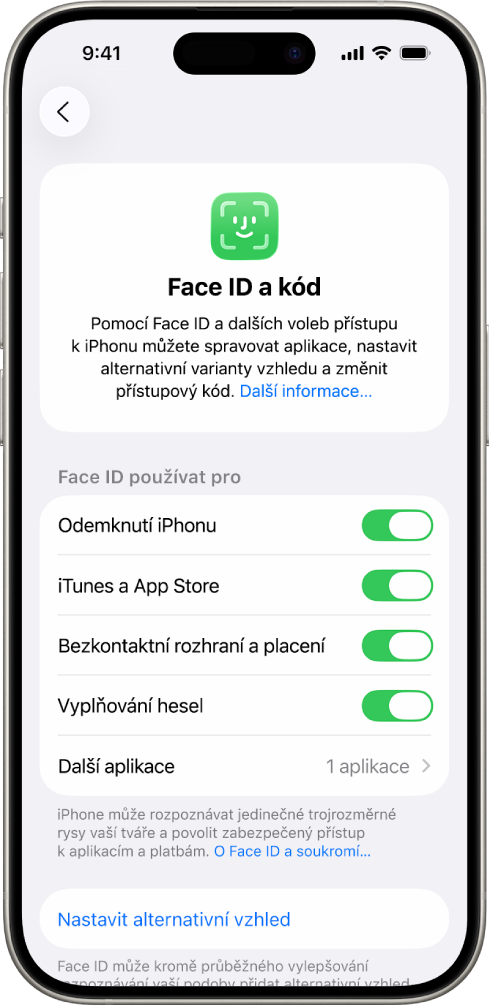 Obrazovka Face ID na iPhonu s informacemi o tom, k čemu se dá Face ID použít – např. pro funkci Odemknutí iPhonu, k potvrzování plateb v iTunes, App Storu, Peněžence a Apple Pay nebo k automatickému vyplňování hesel