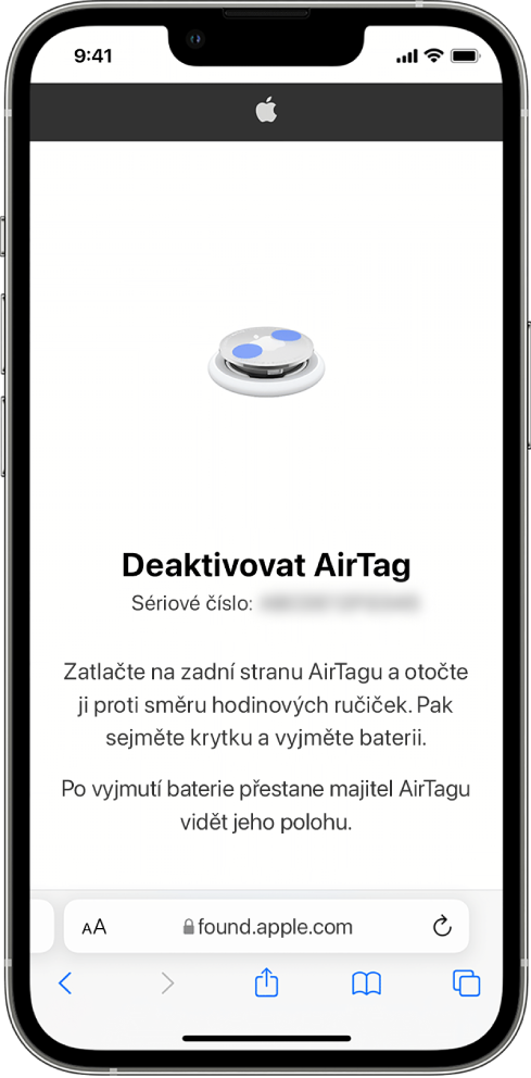 Displej iPhonu s postupem deaktivace AirTagu