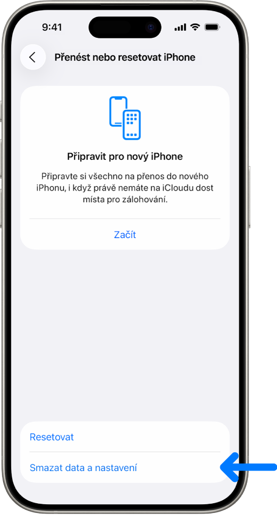 Displej iPhonu s vybranou volbou Smazat data a nastavení