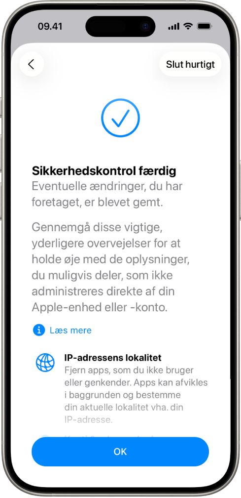En skærm til Sikkerhedskontrol, der viser, at sikkerhedskontrollen er gennemført.