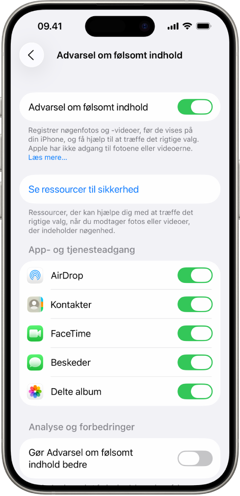 En iPhone med skærmen Advarsel om følsomt indhold.