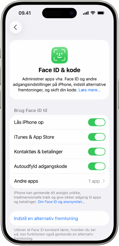 Skærmen Face ID på iPhone, der viser, hvad Face ID kan bruges til, f.eks. Lås iPhone op, iTunes & App Store, Wallet & Apple Pay og Autoudfyld adgangskode.