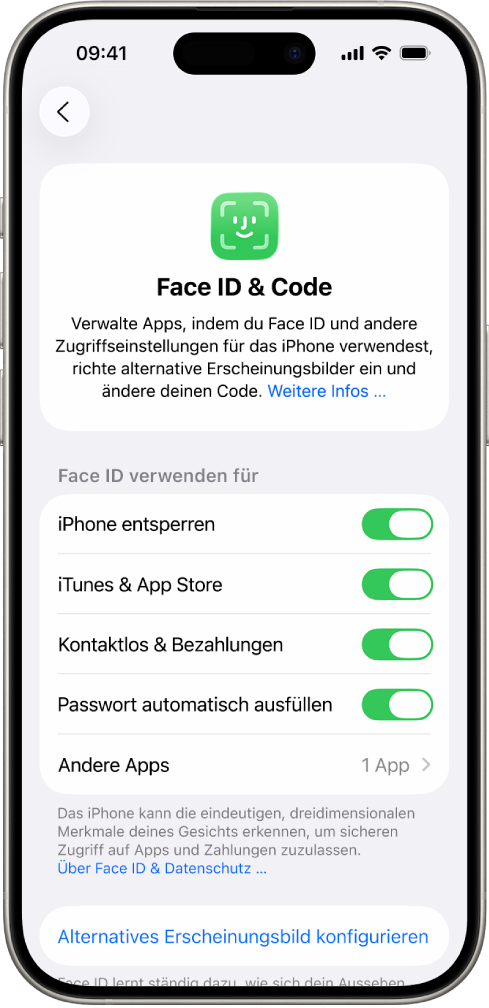 Der Face ID-Bildschirm auf dem iPhone mit Informationen zu den Nutzungsmöglichkeiten von Face ID, wie etwa „Dein iPhone entsperren“, „iTunes & App Store“, „Wallet & Apple Pay“ und „Passwort automatisch ausfüllen“.