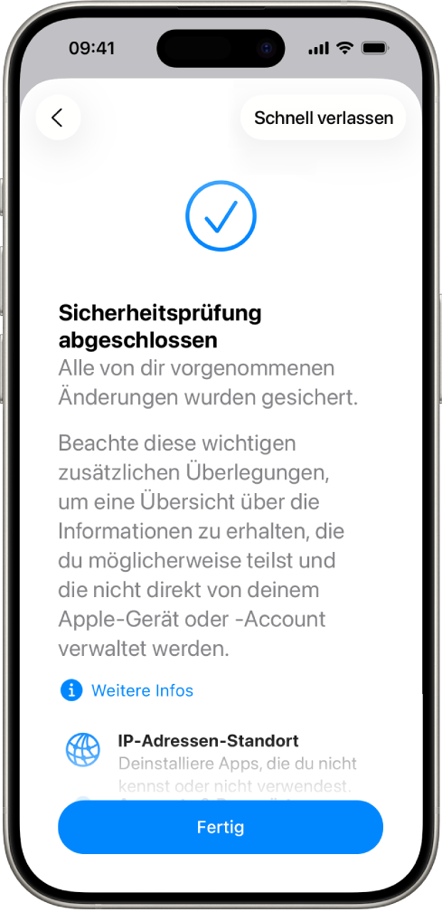 Ein Bildschirm der Sicherheitsprüfung zeigt, dass die Sicherheitsprüfung abgeschlossen ist.