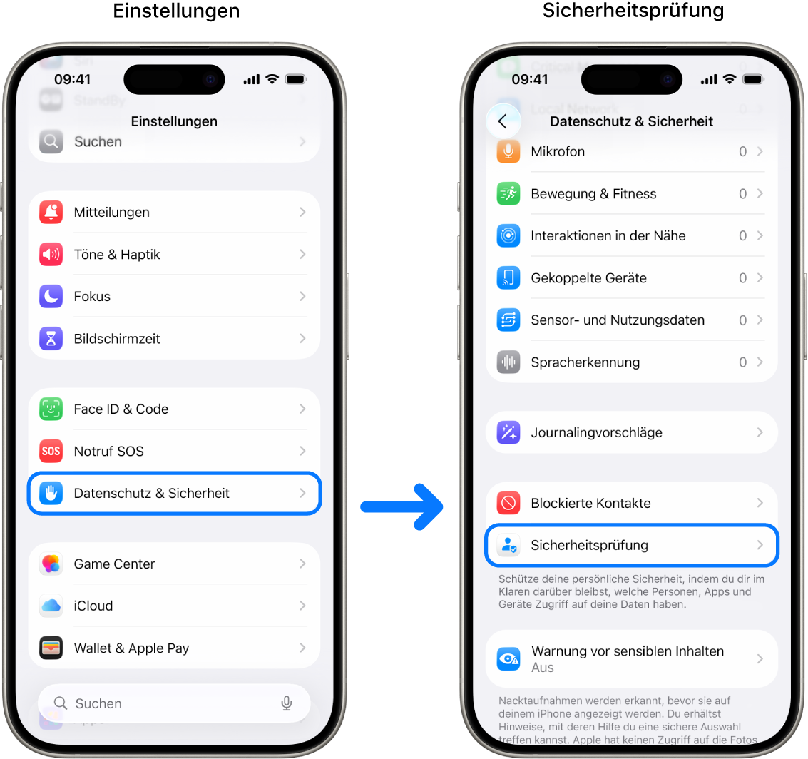 Der Weg zum Zugriff auf „Sicherheitsprüfung“ in der App „Einstellungen“