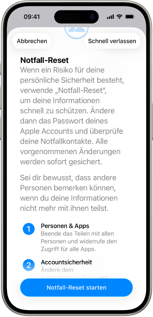 Ein Bildschirm zeigt die Taste zum Starten von „Notfall-Reset“.