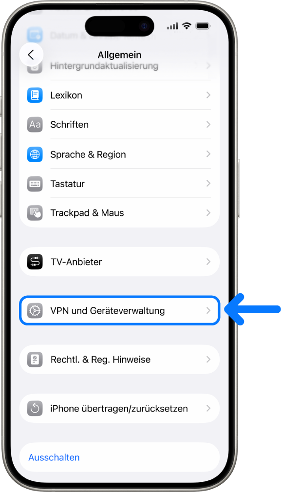 Ein iPhone-Bildschirm mit der ausgewählten Option „VPN und Geräteverwaltung“.