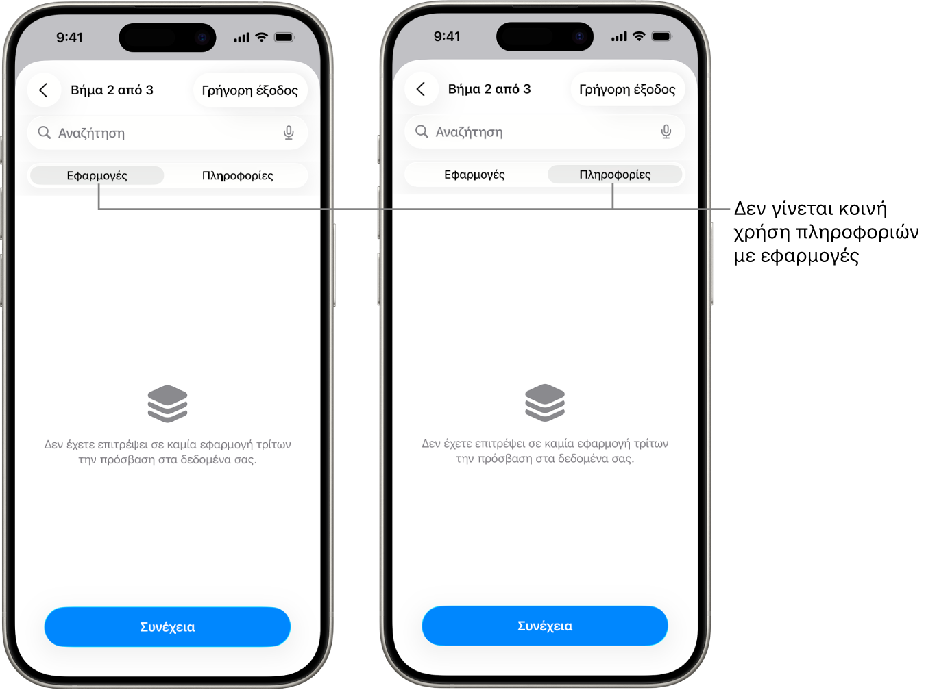 Μια οθόνη που δείχνει ότι ένας χρήστης δεν κοινοποιεί πληροφορίες σε άλλες εφαρμογές, επιλέγοντας την καρτέλα «Εφαρμογές και πληροφορίες».