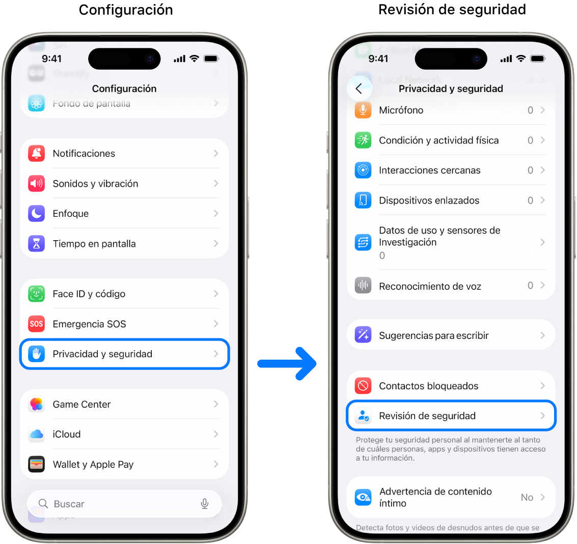 El procedimiento para acceder a la revisión de seguridad desde la app Configuración.