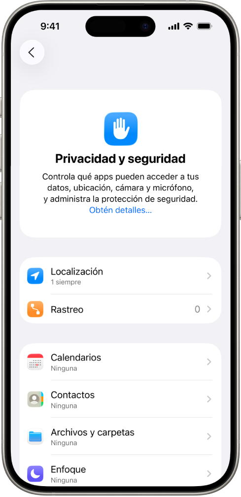 Un iPhone mostrando la pantalla Privacidad y seguridad de la app Configuración.