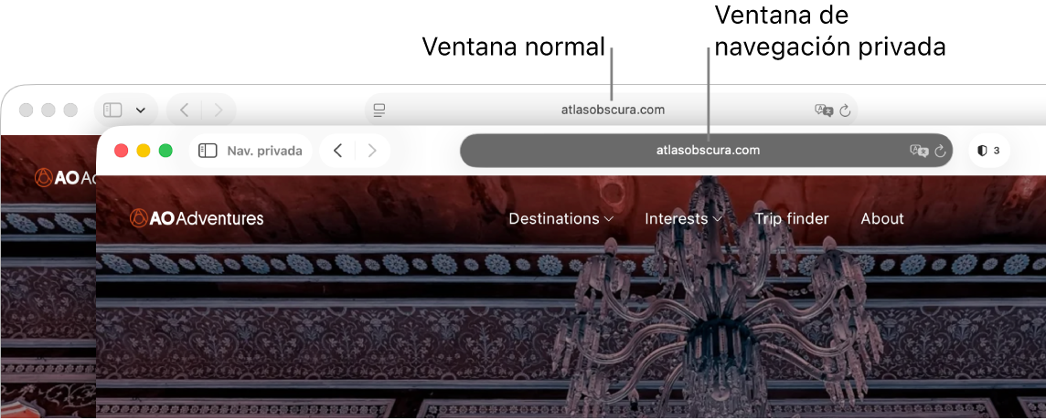 Una ventana normal de Safari en una Mac con su campo de búsqueda inteligente, y una ventana privada de Safari con su campo de búsqueda inteligente obscuro.