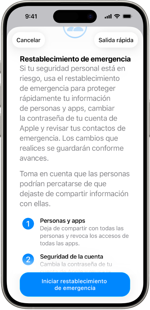 Pantalla mostrando el botón para iniciar Restablecimiento de emergencia.