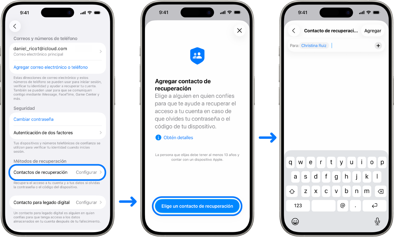Tres pantallas del iPhone mostrando cómo agregar contactos de recuperación de cuenta.