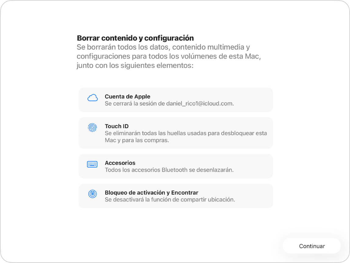 Una ventana de una Mac mostrando las opciones Borrar todo el contenido y Asistente de configuración.