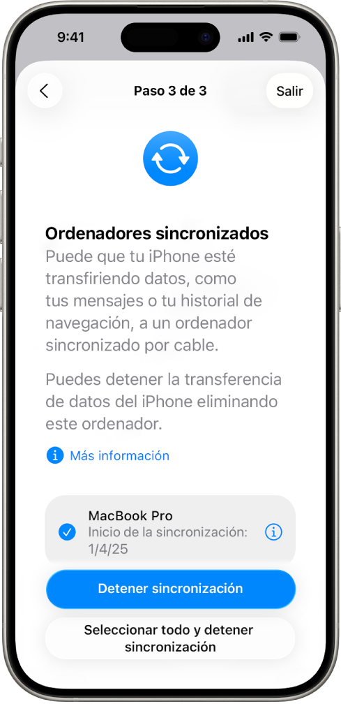 Un iPhone muestra la pantalla de ordenadores sincronizados.