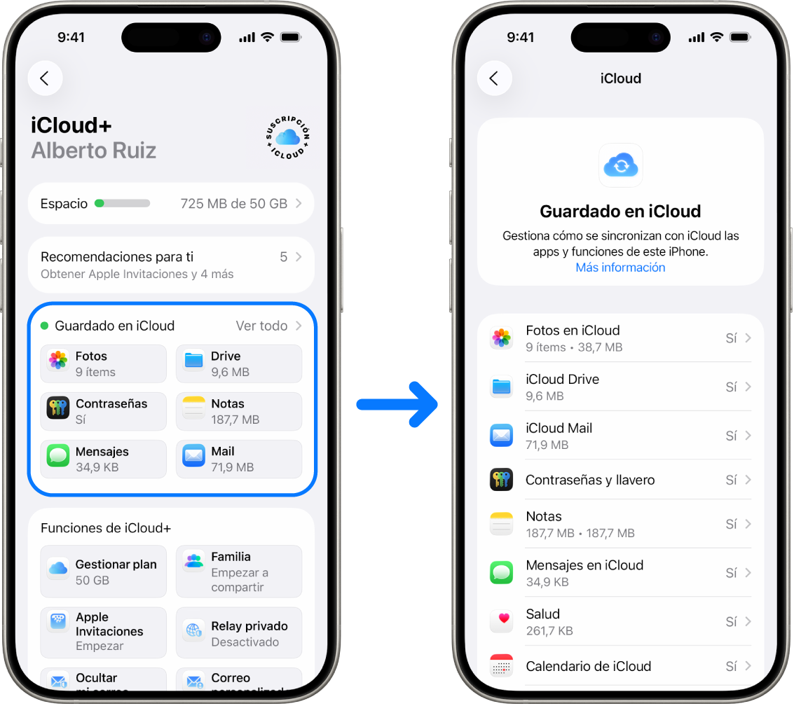 Un iPhone en el que se ha iniciado sesión con una cuenta de Apple con varios servicios de iCloud activados.