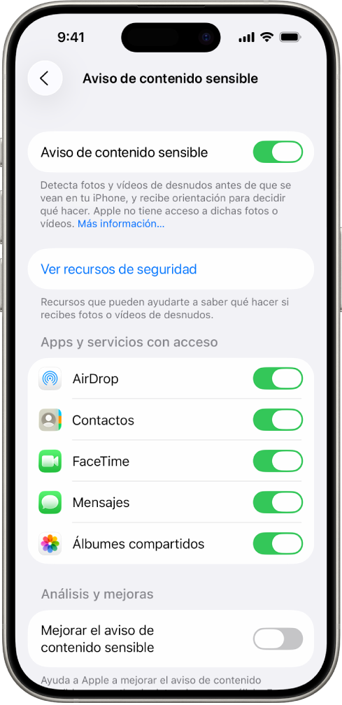 Un iPhone que muestra la pantalla “Aviso de contenido sensible”.
