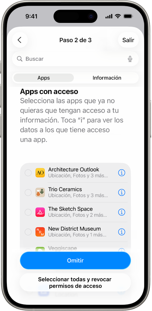 Una pantalla de comprobación de seguridad que muestra la información que se comparte con ciertas apps.