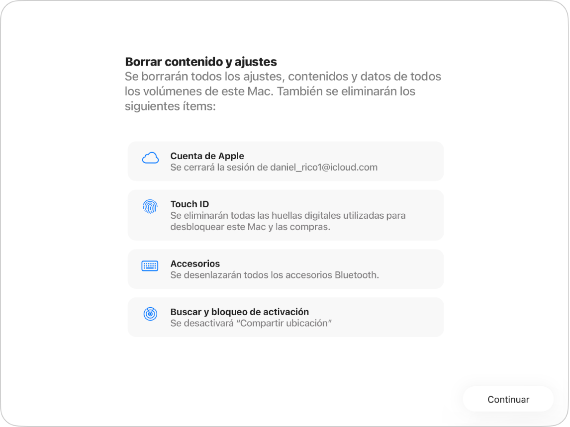 La ventana de un Mac con el asistente de “Borrar contenidos y ajustes”.
