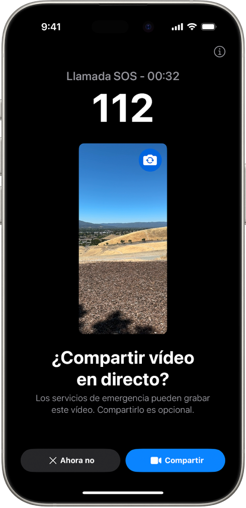 Una pantalla de “Vídeo en directo de ‘Emergencia SOS’” muestra una llamada telefónica de emergencia al 911 con una previsualización de vídeo en el centro. En la parte inferior se ven los botones “Ahora no” y “Compartir vídeo”.