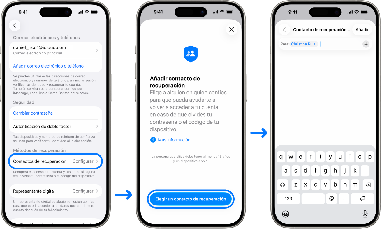 Las pantallas de tres iPhone en las que se muestra cómo añadir contactos de recuperación de la cuenta.